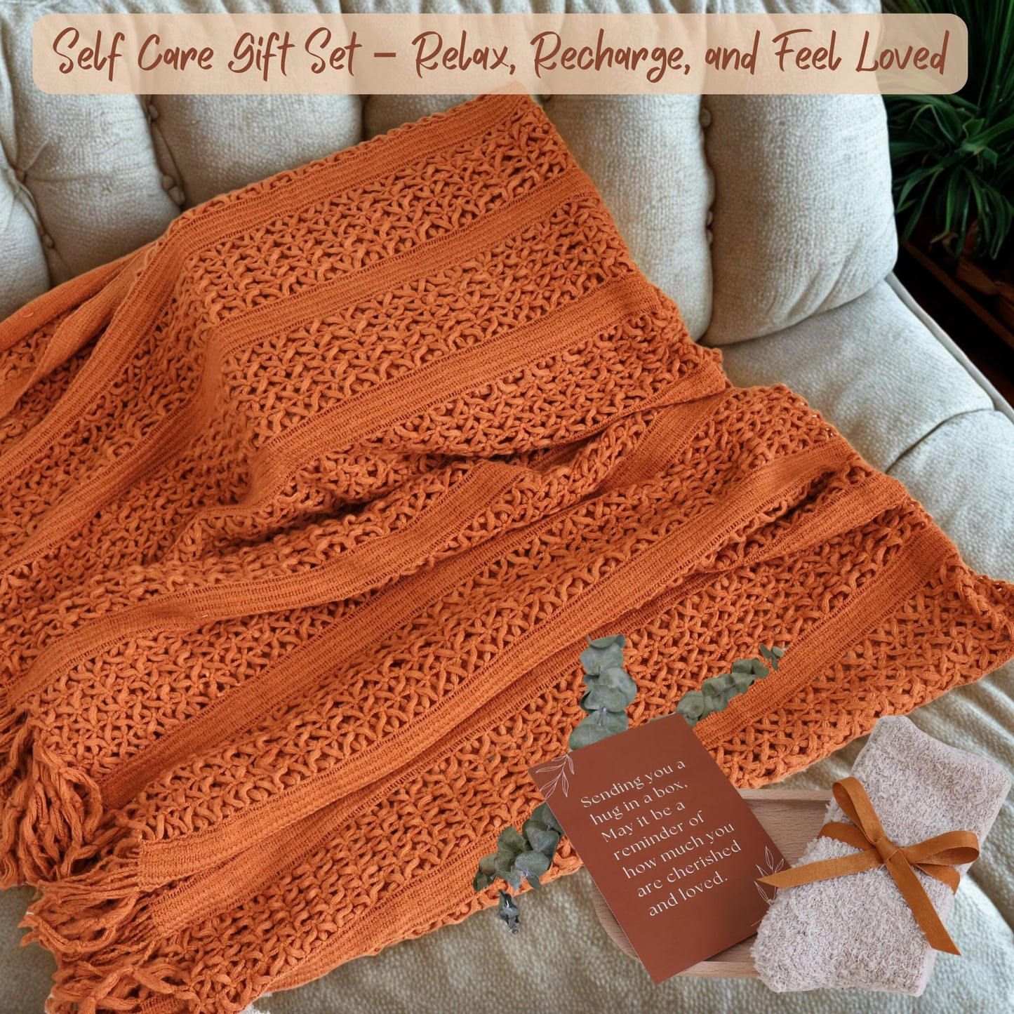 Get Well Soon Gift Baskets for Women – Care Package for Women After Surgery, Thinking of You Gifts, Birthday Basket, Self Care Gift Box, Comfort Hug in a Box (Burnt Orange)