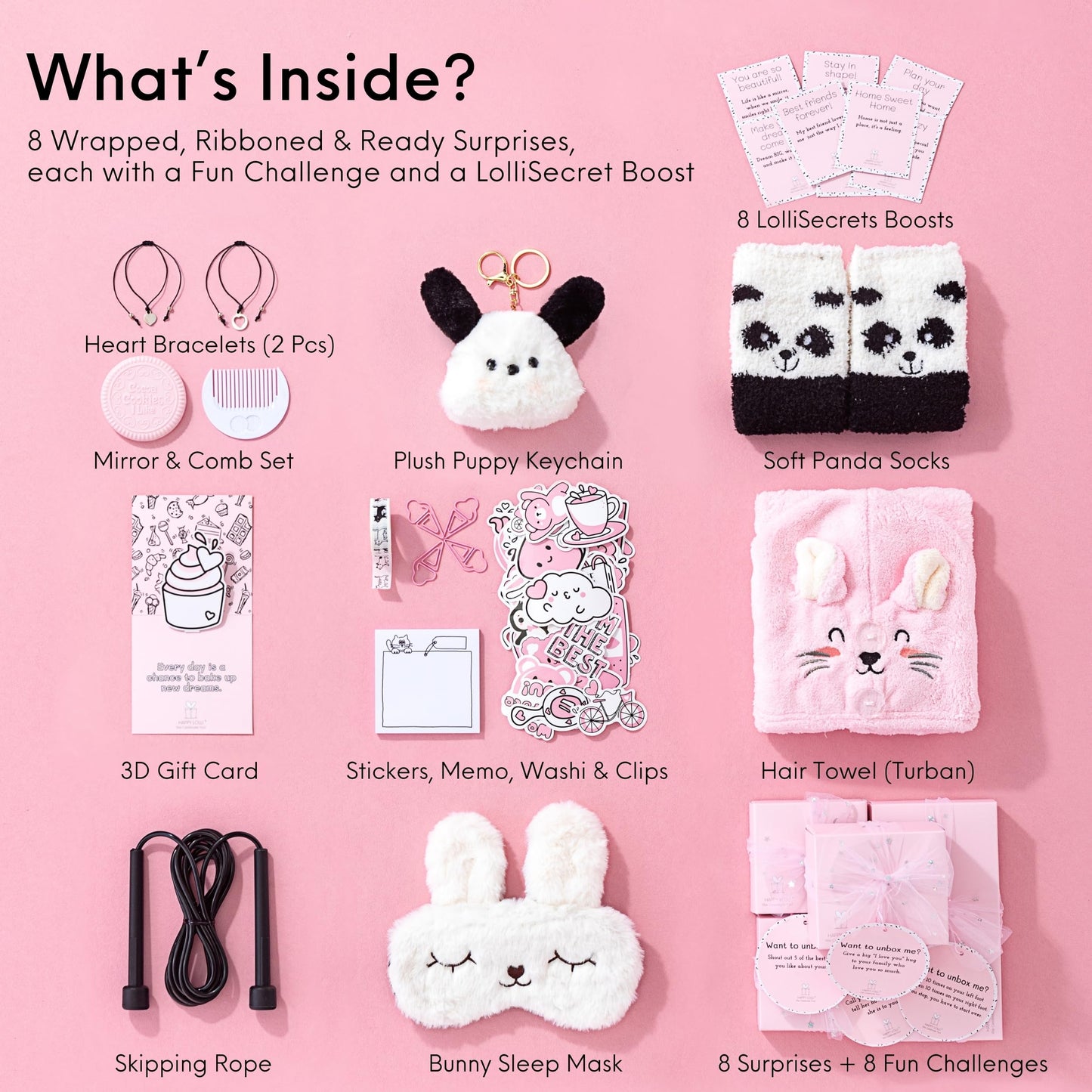 HAPPY LOLLI Pink LolliBox Gift Set for Tween & Teen Girls Ages 8–15, Birthday Gift Box, Ready-to-Gift Surprise Box with 8 Individually Wrapped Gifts & Empowering Challenges