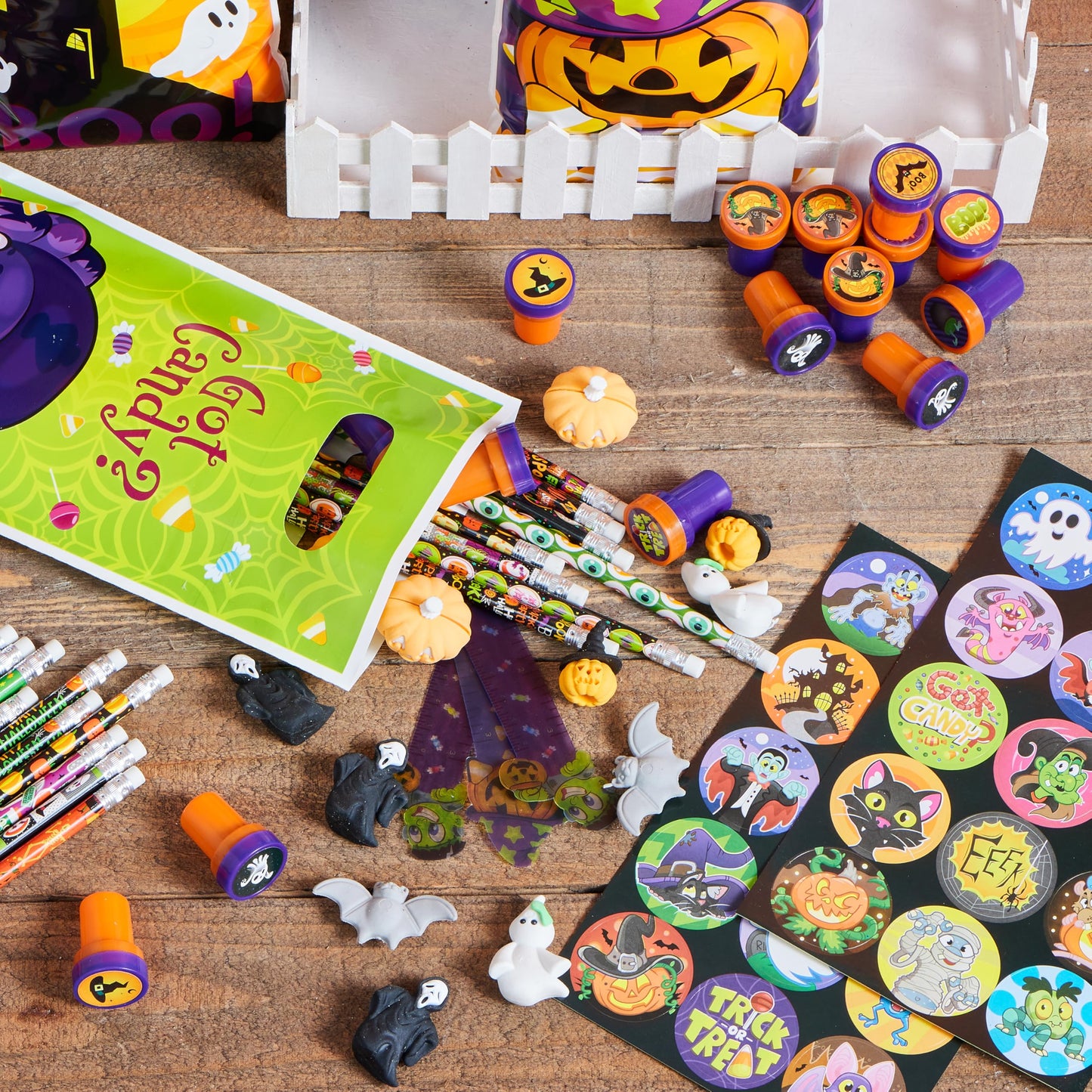 JOYIN 144 Pieces 24 Pack Assorted Halloween Themed Stationery Kids Gift Set Trick Treat Prize Party Favor Toy Including Halloween Pencils, Rulers, Stickers, Stamps and Erasers in Trick or Treat Bags