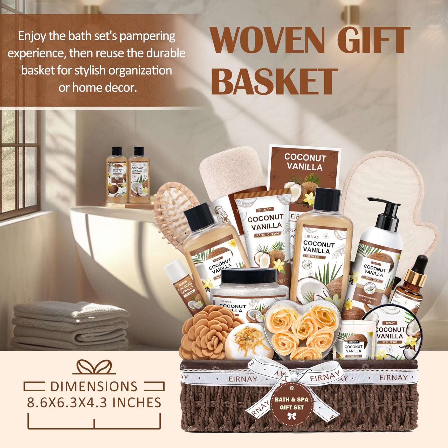 EIRNAY Christmas Gifts For Women - 16 PCS Birthday Gift Basket for Women Set of Coconut Vanilla Self Pampering Set, Includes Luxurious Home Spa Shower Gel Bubble Bath