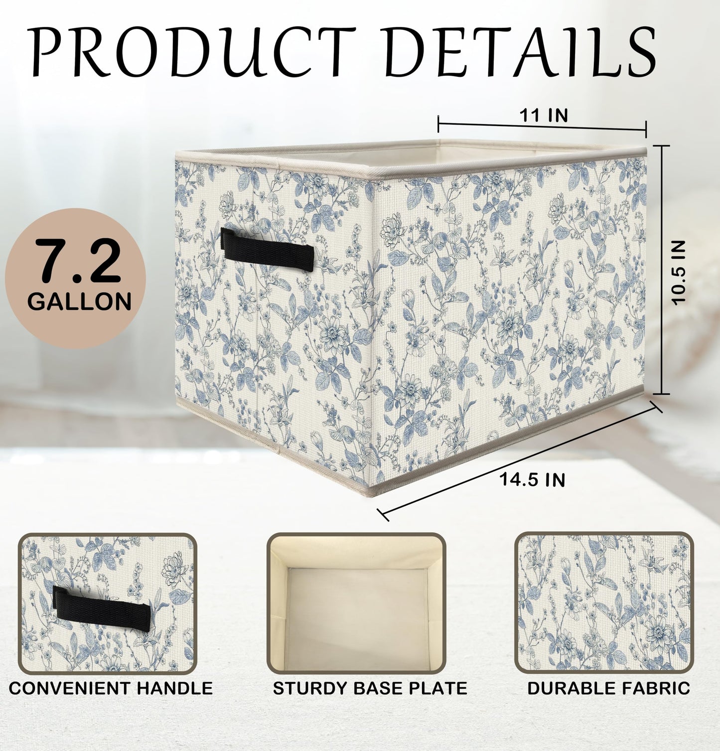 FDHSPAAM Blue and White Chinoiserie Storage Bins Box with Handles, Grandmillennial Flower Plant Botanical Collapsible Fabric Storage Basket Box Organizer for Bedroom Bathroom Clothes Toys Books