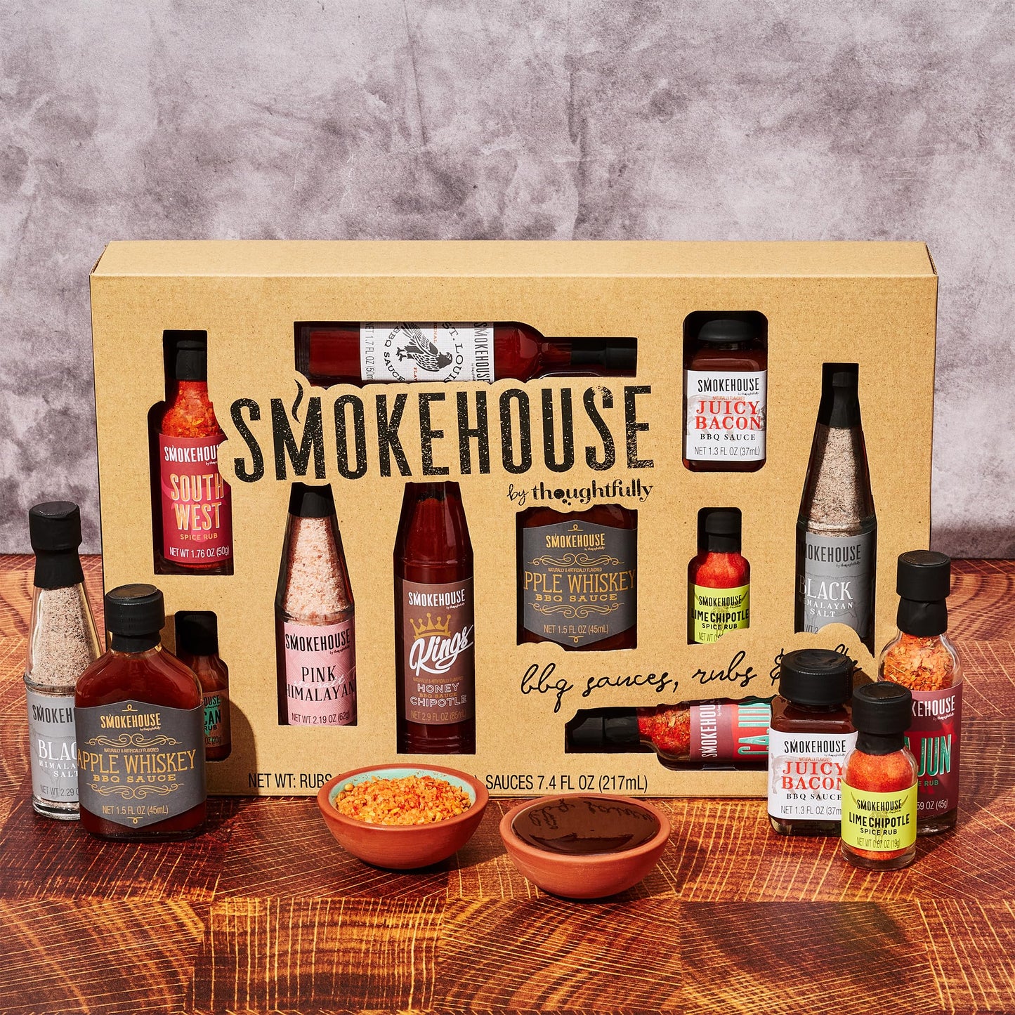 Smokehouse by Thoughtfully, Ultimate BBQ Sampler Set, Vegan and Vegetarian, Includes a Variety of Flavorful USA Made BBQ Sauces, Rubs, and Salts for Smoking and Grilling in Sample Size Glass Bottles