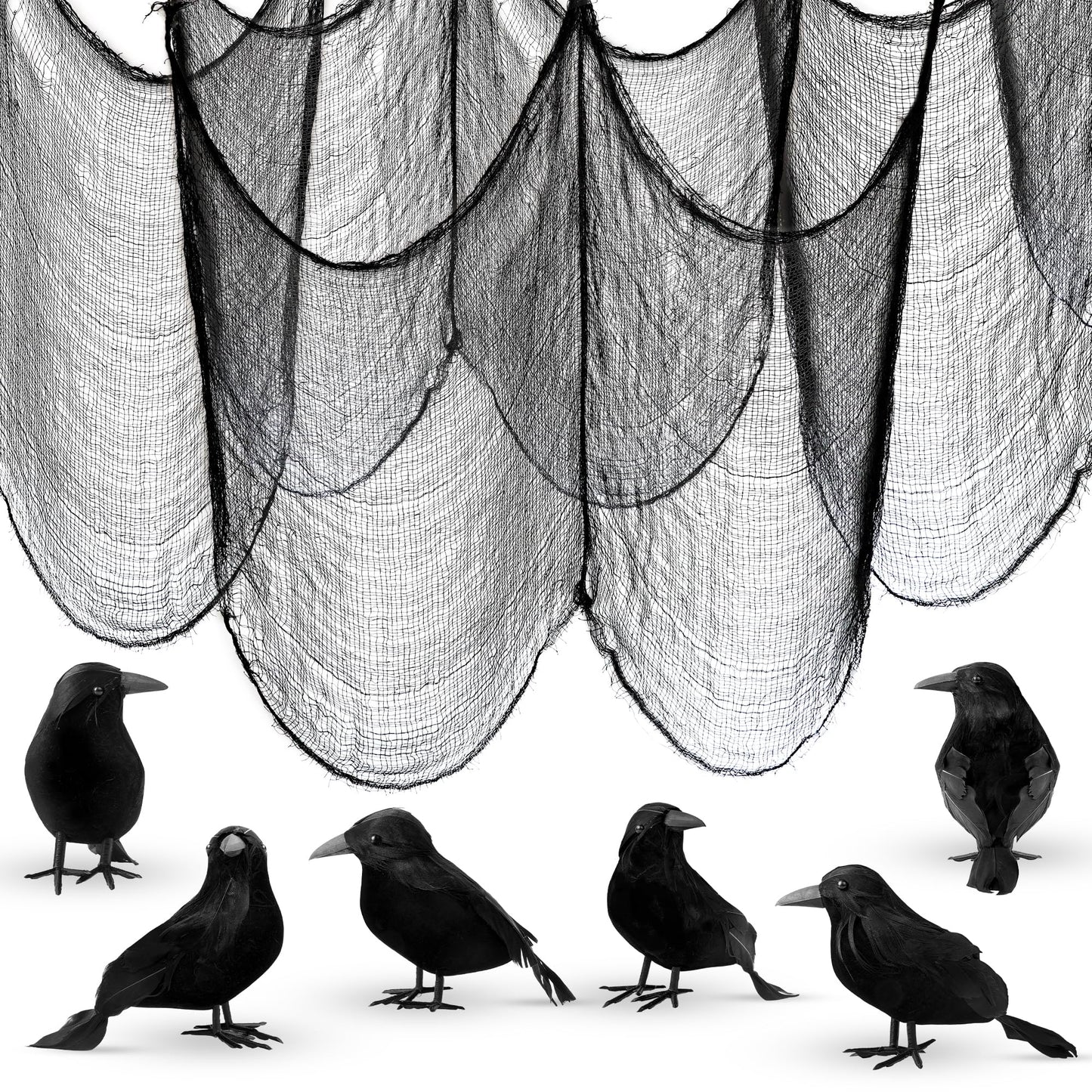 Halloween Creepy Cloth and Crows - Pack of 7 and Black and White Stripe Balloons - 18 Inch, Pack of 10 | Black and White Striped Balloons, Halloween Decorations | Halloween Crows and Raven Decorations