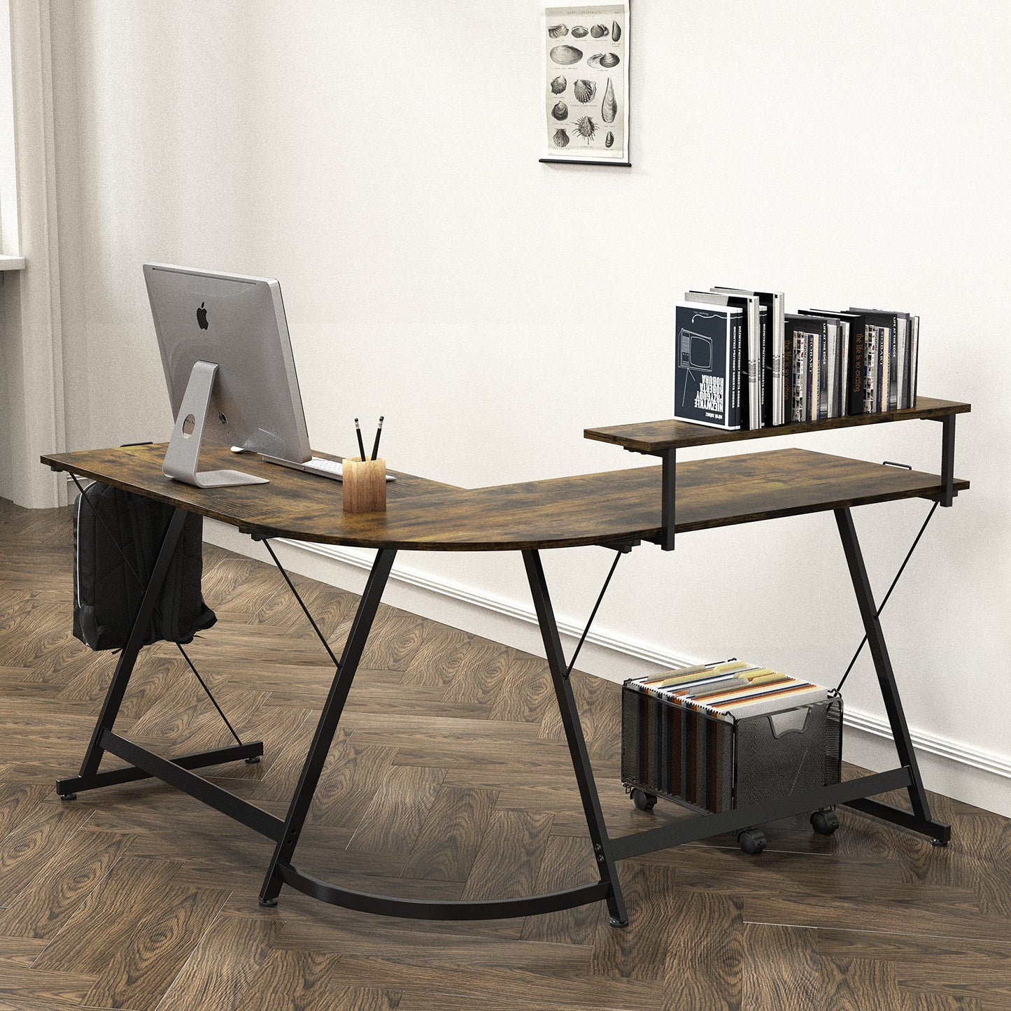 SHW 51 x 51 Inches Vista L-Shaped Desk with Monitor Stand and Drawer, Rustic Brown
