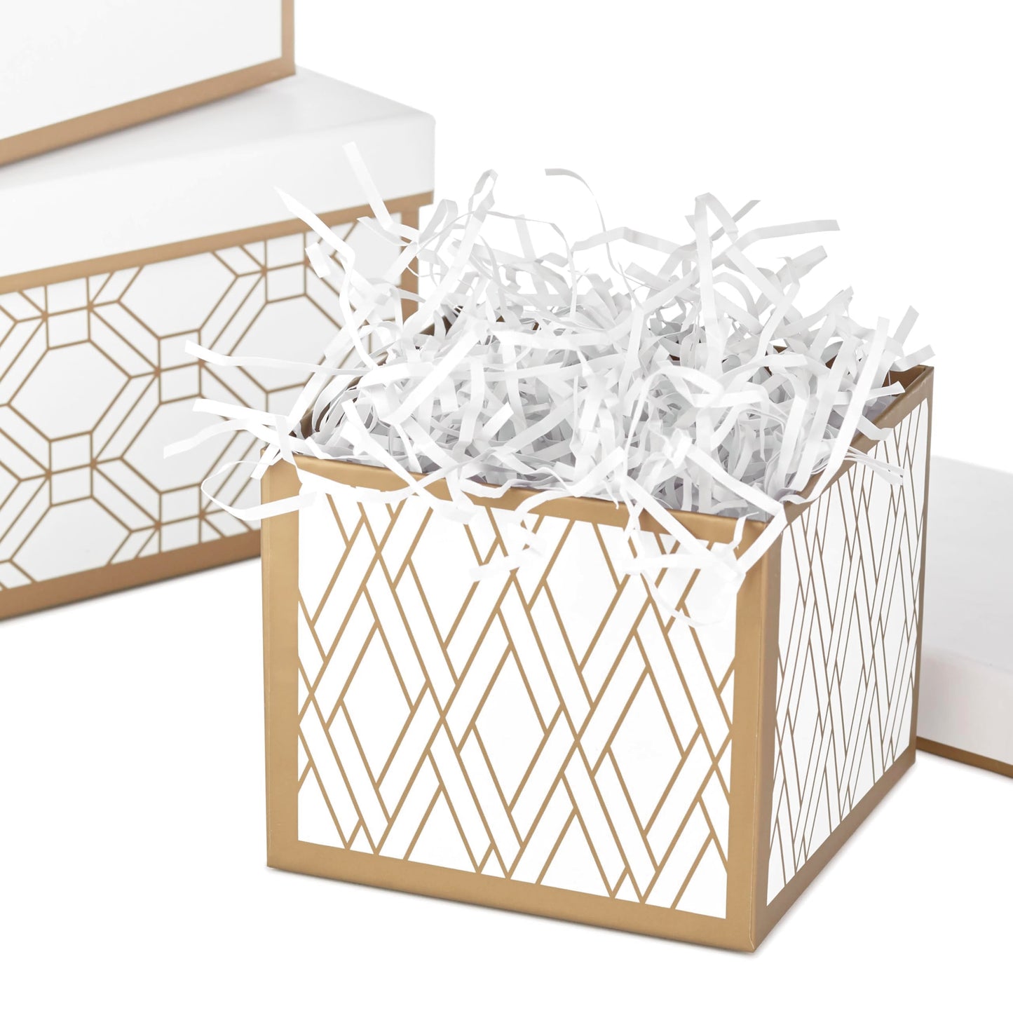 Hallmark Nested Gift Boxes with Lids and Fill (Set of 3, White and Gold, Assorted Sizes) for Valentine's Day, Weddings, Bridal Showers, Bridesmaids, Birthdays