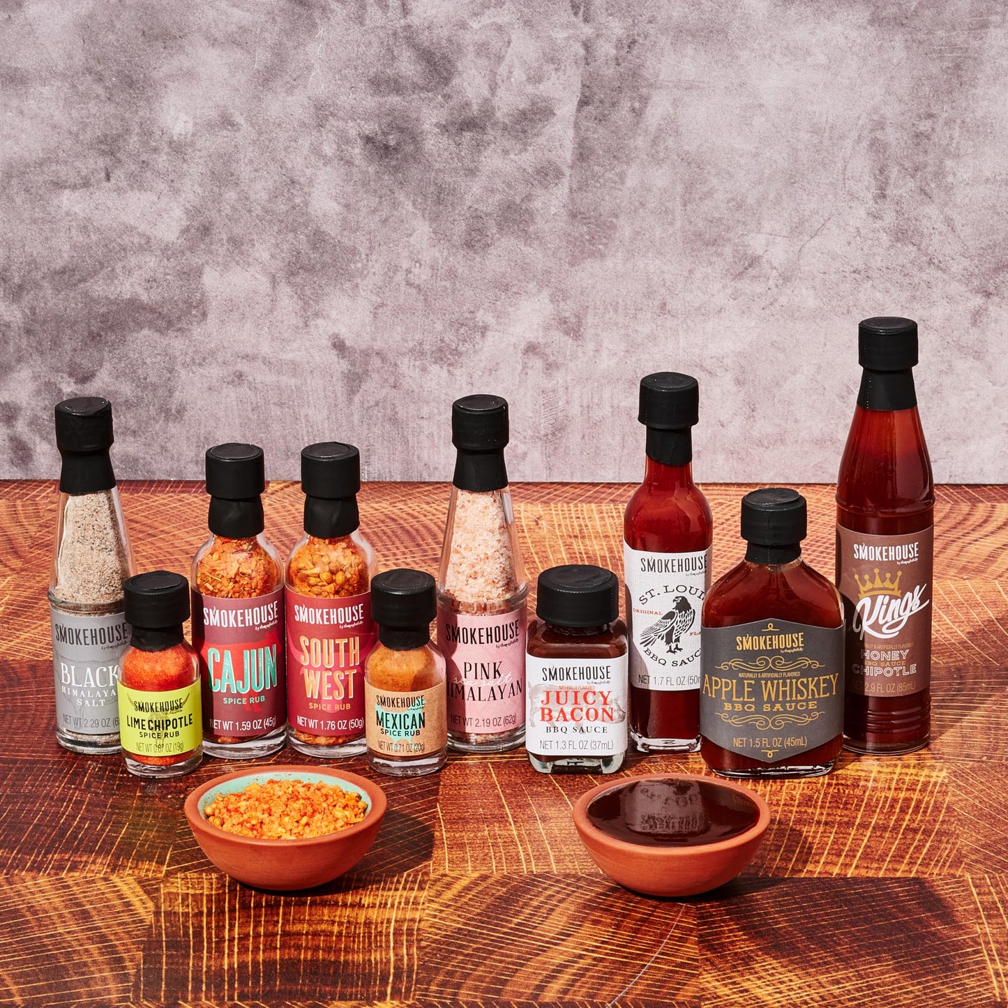 Smokehouse by Thoughtfully, Ultimate BBQ Sampler Set, Vegan and Vegetarian, Includes a Variety of Flavorful USA Made BBQ Sauces, Rubs, and Salts for Smoking and Grilling in Sample Size Glass Bottles