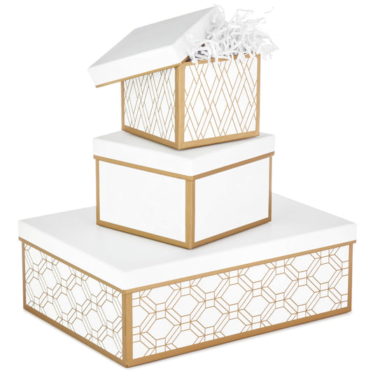 Hallmark Nested Gift Boxes with Lids and Fill (Set of 3, White and Gold, Assorted Sizes) for Valentine's Day, Weddings, Bridal Showers, Bridesmaids, Birthdays