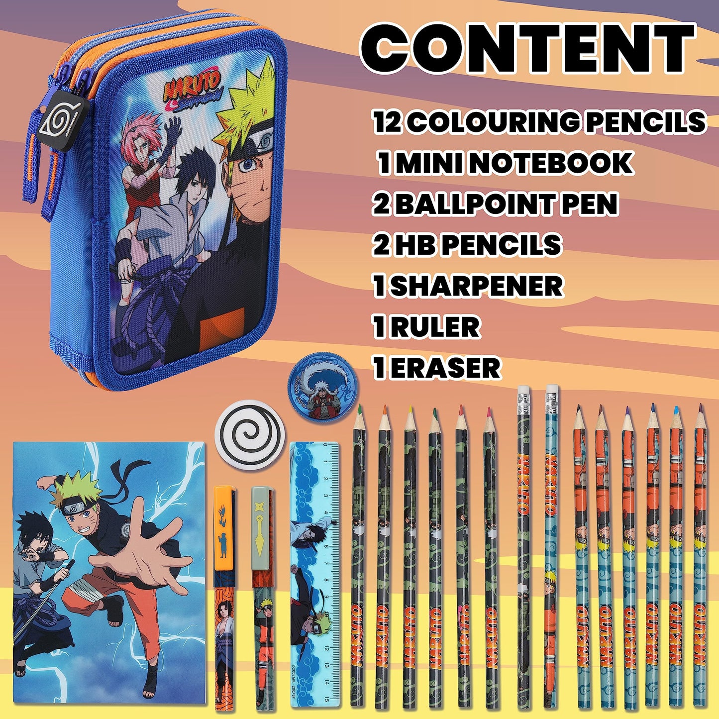 Naruto Pencil Case with Stationery Included School Supplies Filled Large Pencil Case 2 Compartments Colouring Pencils Mini Notebook Boys Stationery Set Anime Gifts for Boys