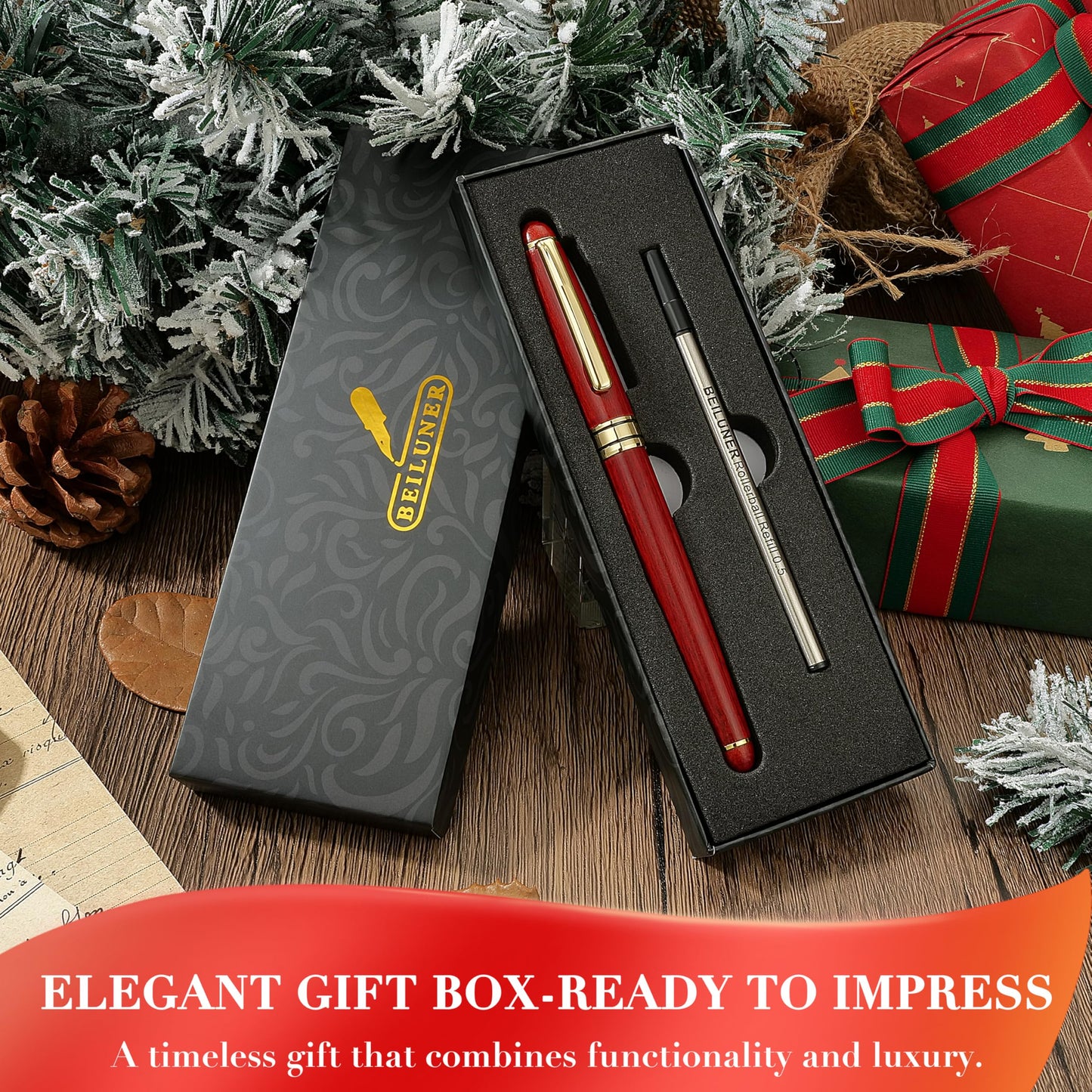 BEILUNER Luxury Wood Ballpoint Pen Writing Set,Rosewood-Elegant Fancy Nice Gift Pen Set for Signature Executive Business Office Fancy Nice Supplies - Christmas Gift Boxed with Extra Refills (Black)